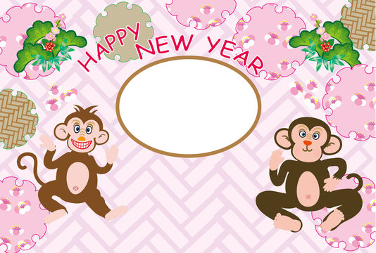 可愛い二匹の猿のピンクのフォトフレーム年賀状