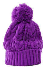 Fototapeta na wymiar One single purple winter bobble ski knit hat isolated on white background winter clothes
