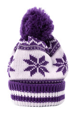 One single purple winter bobble ski knit hat with snowflake pattern isolated on white background winter clothes