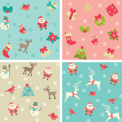 Christmas background. Vector seamless patterns with Santa and Christmas  decorations at retro style.