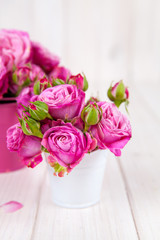 Pink roses(peony) in vase on white wooden background. flowers