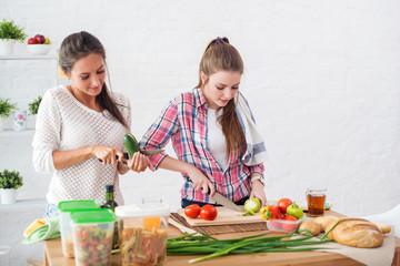 Two girls preparing dinner in a kitchen concept cooking