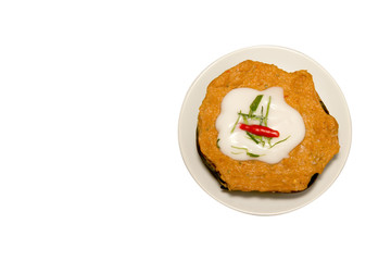 Curry Streamed Seafood in banana leaf cup  isolated on white background