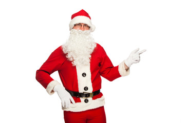 Santa Claus pointing sign with smile, isolated on white