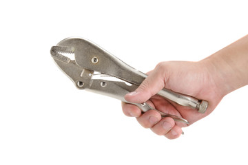 hands holding locking pliers isolated on a white background