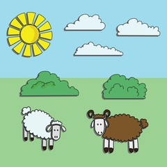 The two sheep stickers on summer meadow