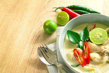 Spicy creamy coconut soup with chicken , Thai food 