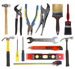 Assortment of work tools isolated on white