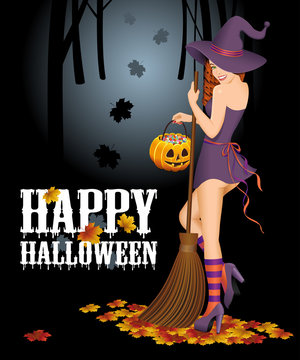 Happy Halloween background with witch with broom. Halloween concept. Vector illustration. 