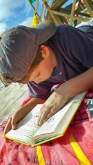 Ten years old boy reading a book