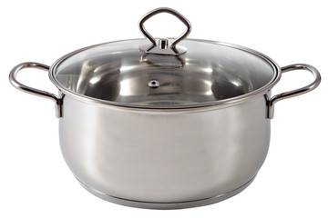 Shiny stainless steel soup pot, covered a lid transparent glass.