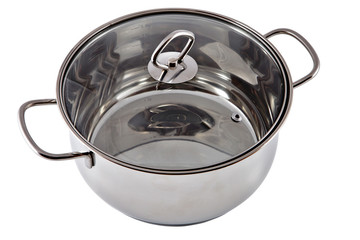 New stainless steel pan with a transparent glass cover.