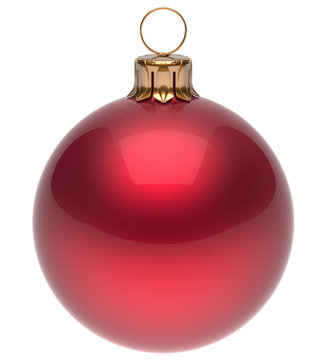 Christmas ball red New Year's Eve bauble wintertime decoration glossy sphere hanging adornment classic. Traditional winter ornament happy holidays Merry Xmas symbol blank round 3d render