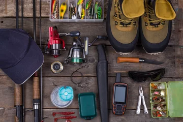 Selbstklebende Fototapeten top fishing tackles and fishing gear © sytnik