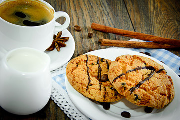 Coffee with Bakery on Woody Retro Background.