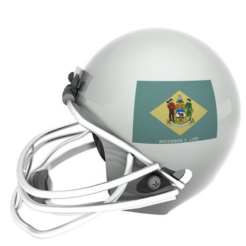 Delaware flag over football helmet, 3d render, isolated over white, square image