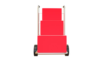 luggage trolley with red parcels isolated on white background
