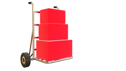 Luggage trolley with luggage as red coloured parcels isolated on white background