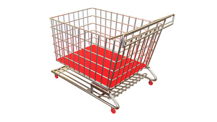 Shopping cart from perspective view in red colour no products on white background