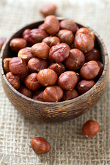 hazelnuts in a wooden bowl