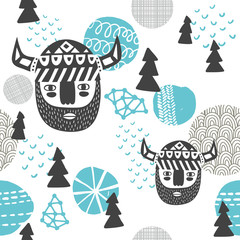 Seamless pattern with vikings faces.