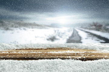 wooden table of snow 