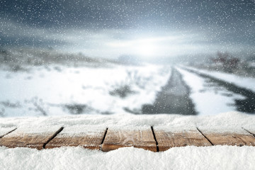 wooden table of snow 