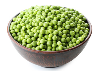 Fresh green peas in bowl isolated on white