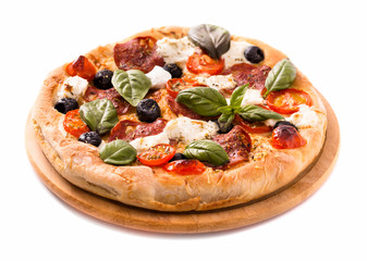 Pizza with salami and mozzarella rustic style isolated on white