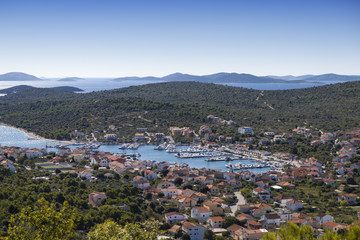 Beautiful view on Jezera, village with marina harbour, on island Murter and Kaprije, Zirje island,  Dalmatia, Croatia, space for text, high resolution photo