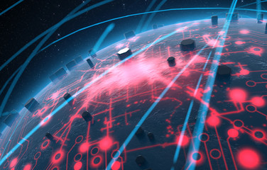 Alien Planet With Illuminated Network And Light Trails