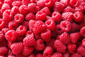 Heap of sweet red raspberries close up