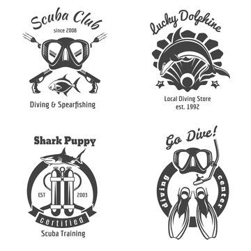Scuba diving club labels set. Underwater swimming logos