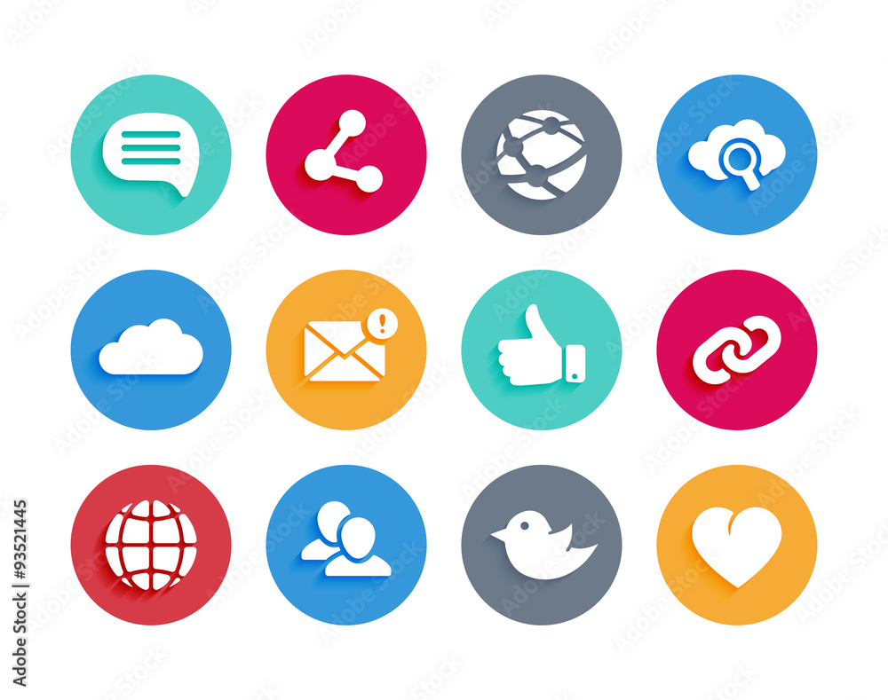 Poster internet and social icons in material design style with shadow