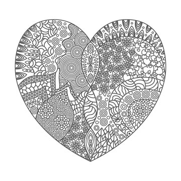 Heart anti stress Coloring Page with high details isolated on white background, illustration in zentangle style. 