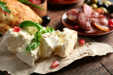 Ingredients of Mediterranean cuisine, on wooden board, close-up