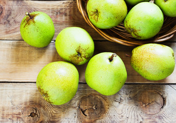 Fresh organic pears on old wood. Pear autumn harvest