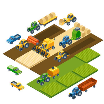 Isometric Agricultural Equipment, Farm Tractors, Combain