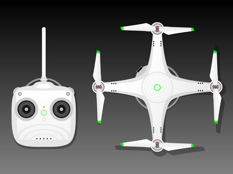 Commercial drone with radio controller. Detailed vector illustration.