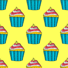 Colorful Hand-drawn Cup Cake Pattern on Yellow Background