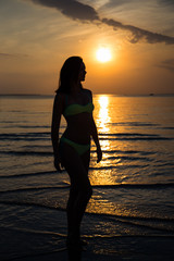 silhouette of woman in bikini walking on beach at sunset