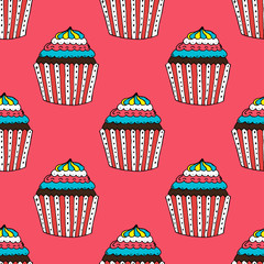 Colorful Hand-drawn Cup Cake Pattern on Red Background