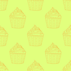 Orange Hand-drawn Cup Cake Outline Pattern on Yellow Background