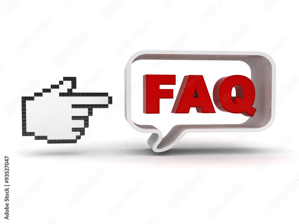 Poster Hand cursor pointing at red word faq in speech bubble frequently asked questions concept isolated over white background