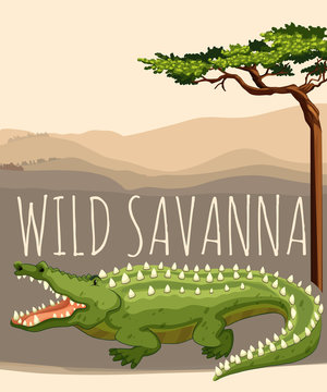 Wild savanna with tree and crocodile