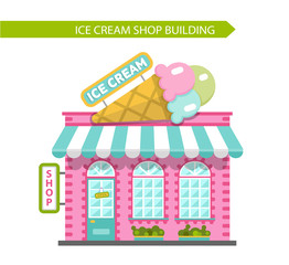 Vector flat style illustration of ice cream shop building. Signboard with big ice cream cone. Isolated on white background.