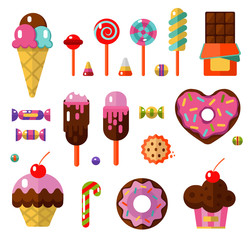 Vector flat style illustrations of sweets and candies products. Dessert icons set. Donut, lollipop, chocolate, cake, ice cream, cookie, caramel, candy and fruit gum.