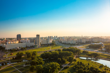 Fototapeta na wymiar Aerial view, cityscape of Minsk, Belarus. Sunset over Minsk