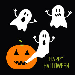 Pumpkin Candles Flying Ghost set. Halloween card for kids. Flat design.