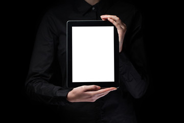 woman hands holding and showing a tablet pc